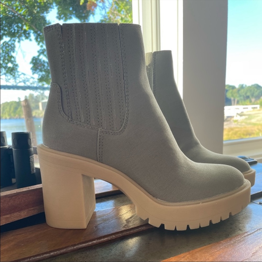 Dolce Vita Sage Canvas Ankle Booties with Cream Platform Heel